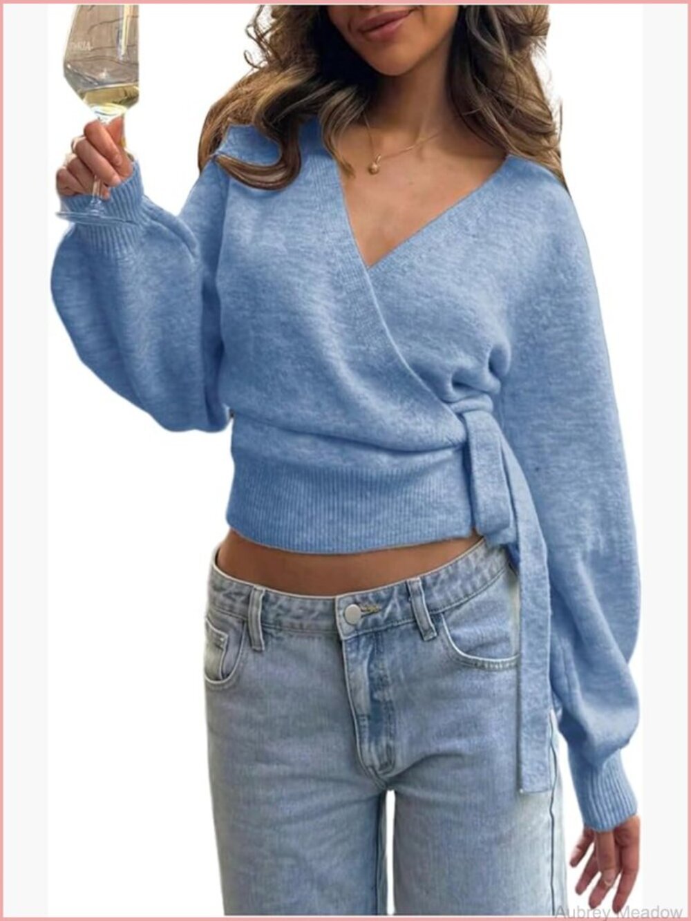 Cropped Wrap Sweater V-Neck Tie Front Long Sleeve Knit Top
